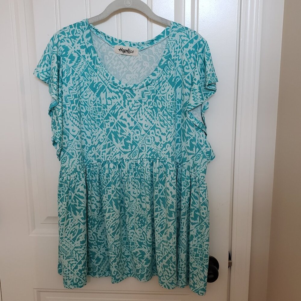 Haptics Aqua Boho Print Ruffle Short Sleeve Babydoll Top